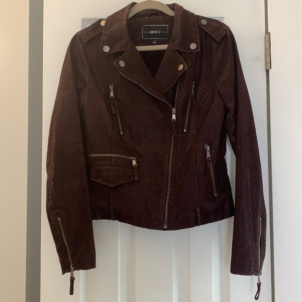 Burgundy faux suede biker jacket